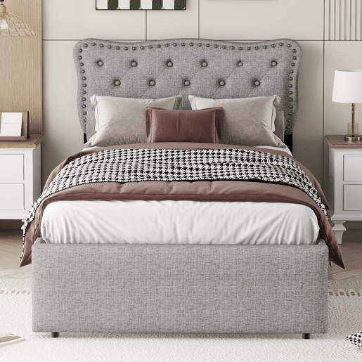 Cama estofada em tecido de linho com 2 gavetas - 90x200 cm - cabeceira decorada com rebites - Cinzento