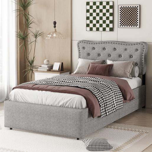 Cama estofada em tecido de linho com 2 gavetas - 90x200 cm - cabeceira decorada com rebites - Cinzento