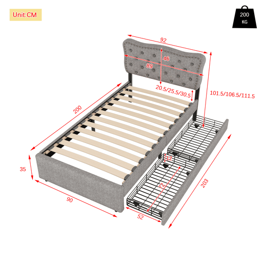 Cama estofada em tecido de linho com 2 gavetas - 90x200 cm - cabeceira decorada com rebites - Cinzento