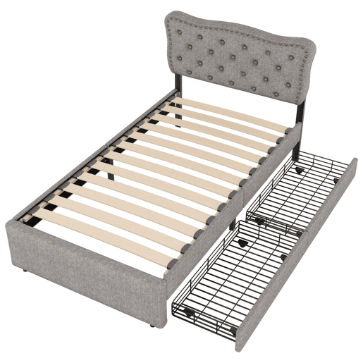 Cama estofada em tecido de linho com 2 gavetas - 90x200 cm - cabeceira decorada com rebites - Cinzento