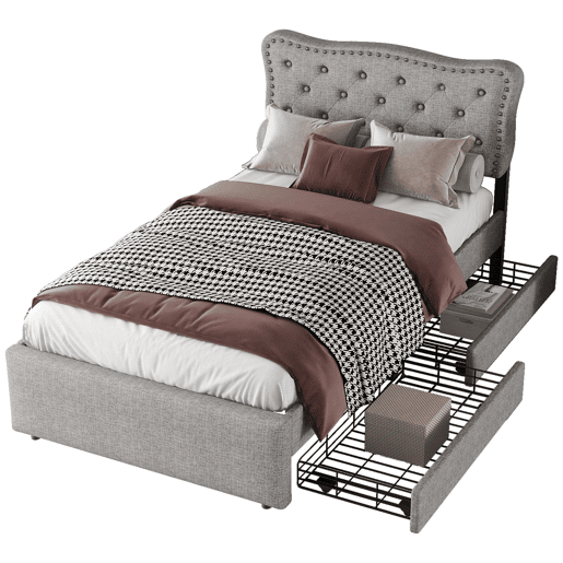 Cama estofada em tecido de linho com 2 gavetas - 90x200 cm - cabeceira decorada com rebites - Cinzento