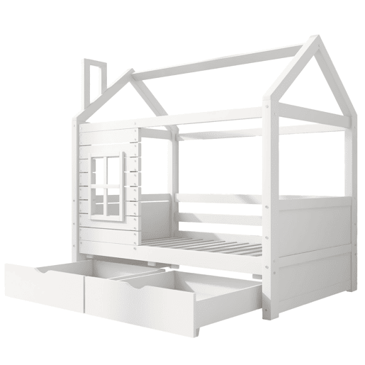 Beliche 80x160 cm com 2 gavetas - forma de casa - madeira maciça - Branco