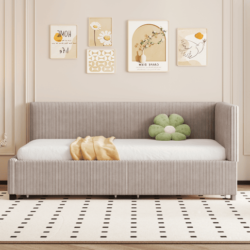 Sofá-cama estofado 90x200cm em veludo - 2 gavetas - com estrado de molas - Cinzento