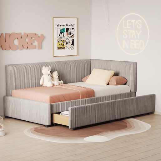Sofá-cama estofado 90x200cm em veludo - 2 gavetas - com estrado de molas - Cinzento
