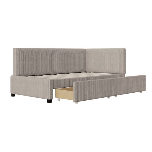 Sofá-cama estofado 90x200cm em veludo - 2 gavetas - com estrado de molas - Cinzento