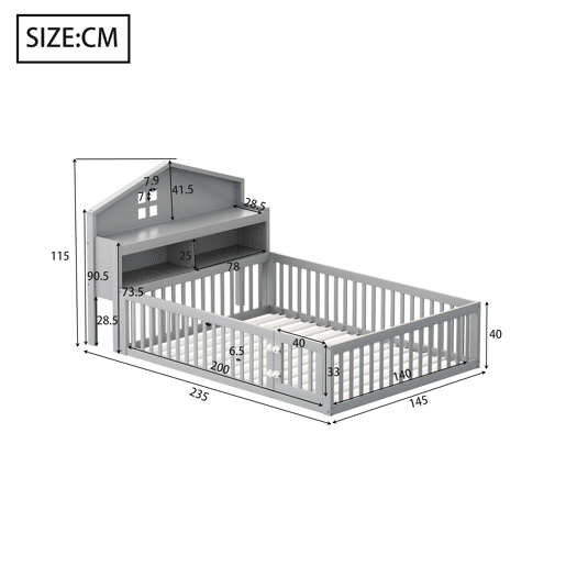Cama de madeira para crianças 140x200 cm - com prateleiras e grelha de proteção - com estrado - Cinzento