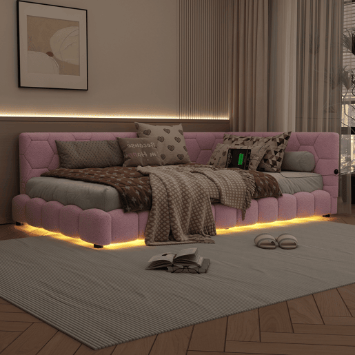 Sofá-cama de veludo 90x200 cm - com LED e porta USB - Rosa