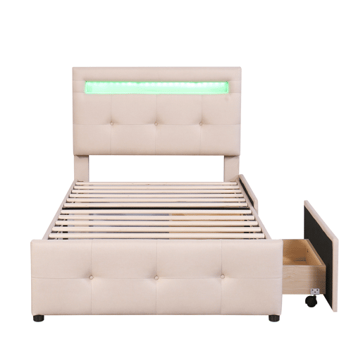 Cama de solteiro 90x200cm em tecido de linho com LED e 2 gavetas - Bege