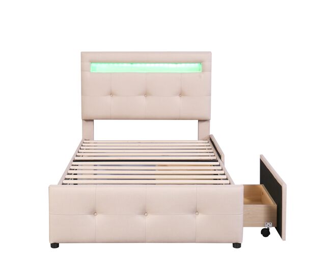 Cama individual 90x200cm en tejido de lino con led y 2 cajones - beige