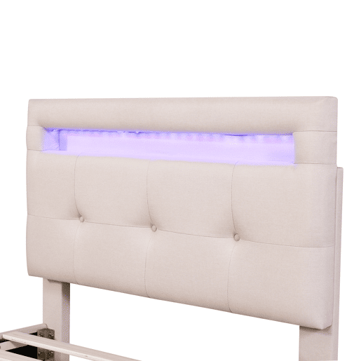 Cama de solteiro 90x200cm em tecido de linho com LED e 2 gavetas - Bege