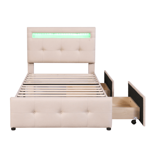 Cama de solteiro 90x200cm em tecido de linho com LED e 2 gavetas - Bege