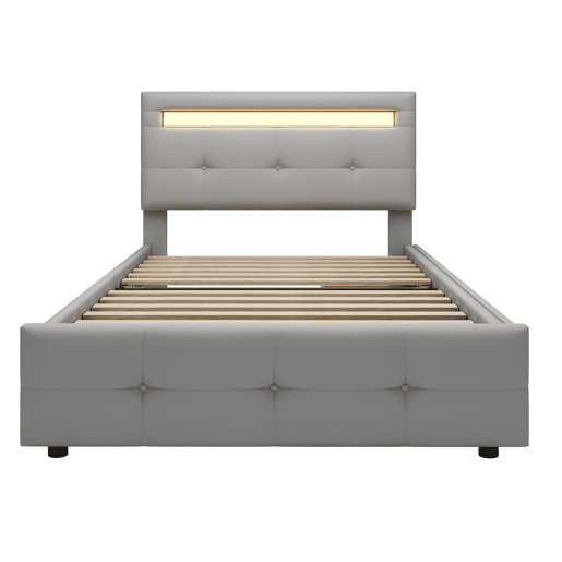 Cama individual 90x200 cm em tecido de linho com LED e 2 gavetas - Cinzento