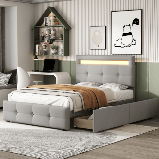 Cama individual 90x200 cm em tecido de linho com LED e 2 gavetas - Cinzento