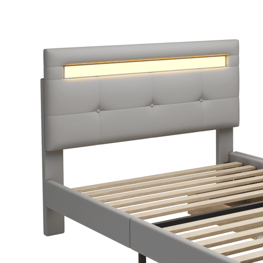 Cama individual 90x200 cm em tecido de linho com LED e 2 gavetas - Cinzento