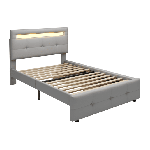 Cama individual 90x200 cm em tecido de linho com LED e 2 gavetas - Cinzento