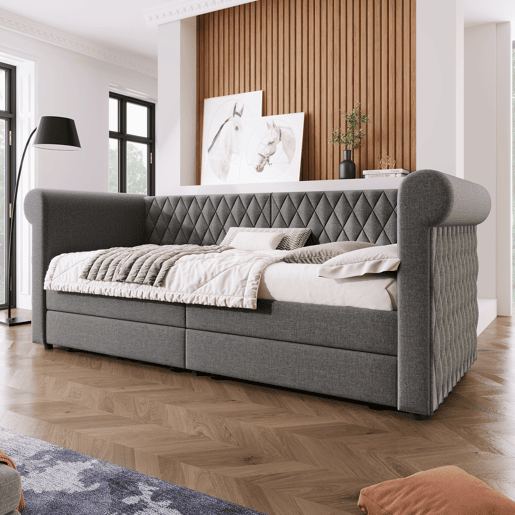 Sofá-cama com 2 gavetas em tecido de linho - 90x200 cm - com estrado de molas - Cinzento Sofá-cama com 2 gavetas em tecido de linho - 90x200 cm - com estrado de molas - Cinzento