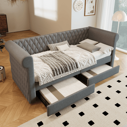 Sofá-cama com 2 gavetas em tecido de linho - 90x200 cm - com estrado de molas - Cinzento Sofá-cama com 2 gavetas em tecido de linho - 90x200 cm - com estrado de molas - Cinzento