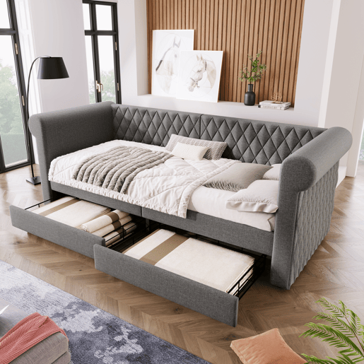 Sofá-cama com 2 gavetas em tecido de linho - 90x200 cm - com estrado de molas - Cinzento Sofá-cama com 2 gavetas em tecido de linho - 90x200 cm - com estrado de molas - Cinzento