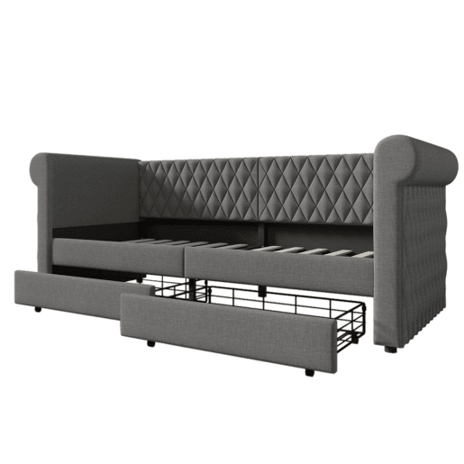 Sofá-cama com 2 gavetas em tecido de linho - 90x200 cm - com estrado de molas - Cinzento Sofá-cama com 2 gavetas em tecido de linho - 90x200 cm - com estrado de molas - Cinzento