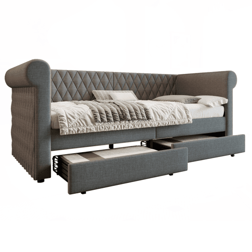 Sofá-cama com 2 gavetas em tecido de linho - 90x200 cm - com estrado de molas - Cinzento Sofá-cama com 2 gavetas em tecido de linho - 90x200 cm - com estrado de molas - Cinzento
