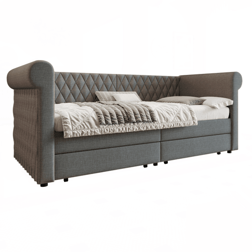 Sofá-cama com 2 gavetas em tecido de linho - 90x200 cm - com estrado de molas - Cinzento Sofá-cama com 2 gavetas em tecido de linho - 90x200 cm - com estrado de molas - Cinzento