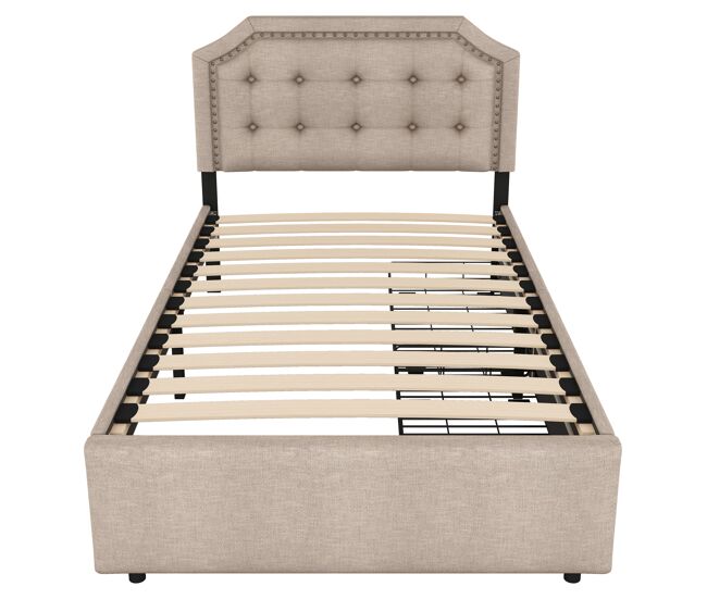 Cama tapizada en tela de lino con 2 cajones - 90x200 cm - cabecero decorado con remaches - taupe
