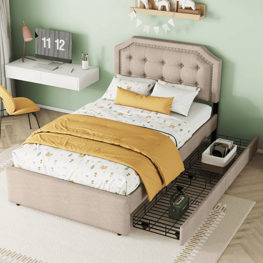 Cama estofada em linho com 2 gavetas - 90x200 cm - cabeceira decorada com rebites - Taupe