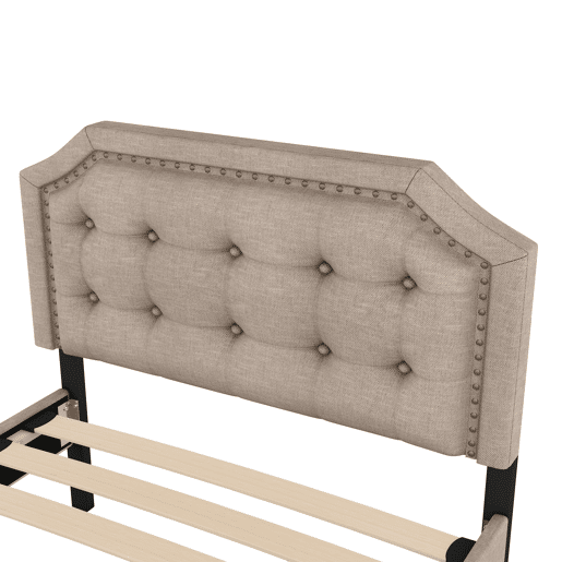Cama estofada em linho com 2 gavetas - 90x200 cm - cabeceira decorada com rebites - Taupe
