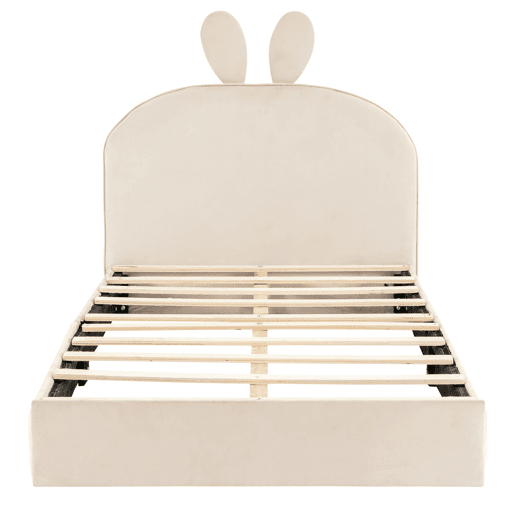 Cama de criança 90x200cm cama estofada em veludo - cabeceira em forma de coelho - com estrado de molas - Bege