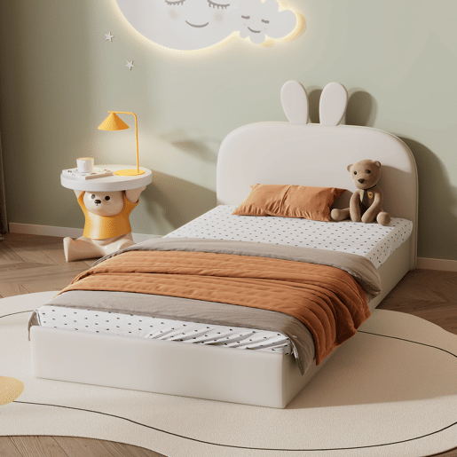 Cama de criança 90x200cm cama estofada em veludo - cabeceira em forma de coelho - com estrado de molas - Bege