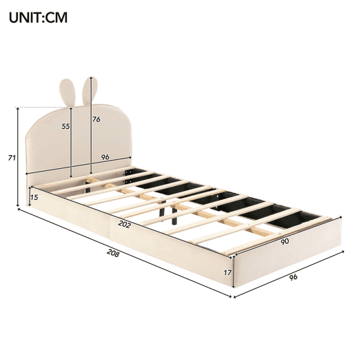 Cama de criança 90x200cm cama estofada em veludo - cabeceira em forma de coelho - com estrado de molas - Bege