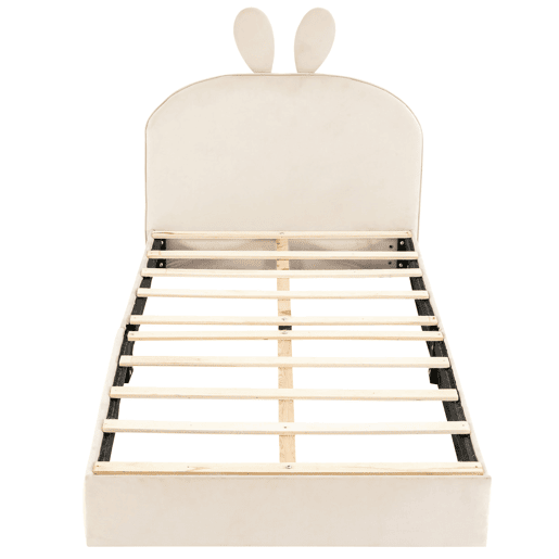 Cama de criança 90x200cm cama estofada em veludo - cabeceira em forma de coelho - com estrado de molas - Bege