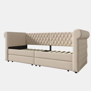 Sofá-cama com 2 gavetas em tecido de linho - 90x200 cm - com estrado de molas - Bege