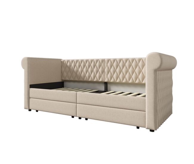Sofá cama con 2 cajones de tela de lino - 90x200 cm - con somier - beige