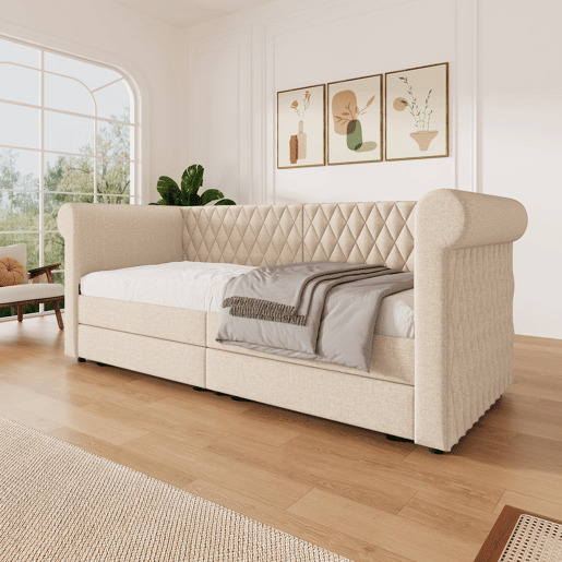 Sofá-cama com 2 gavetas em tecido de linho - 90x200 cm - com estrado de molas - Bege