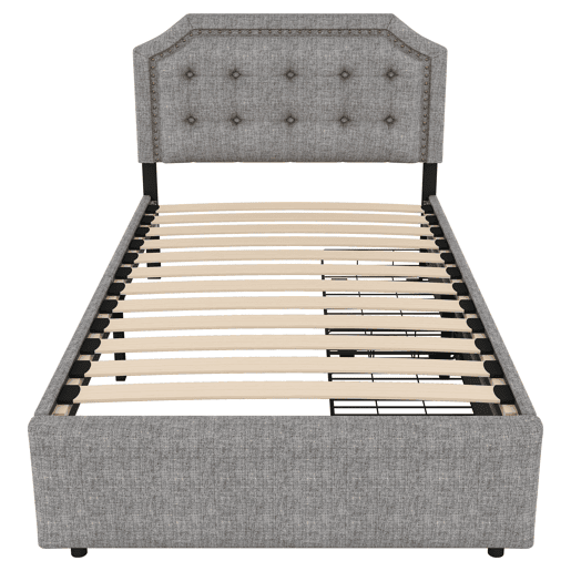 Cama estofada em tecido de linho com 2 gavetas - 90x200 cm - cabeceira decorada com rebites - Cinzento
