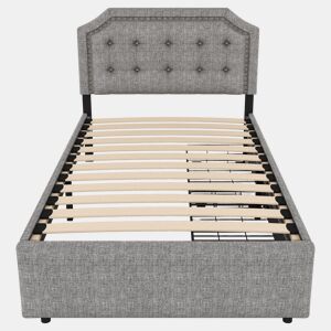 Cama estofada em tecido de linho com 2 gavetas - 90x200 cm - cabeceira decorada com rebites - Cinzento