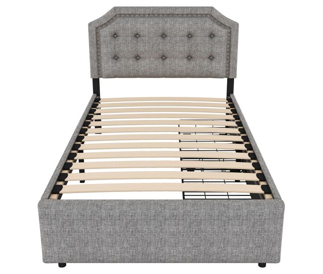Cama tapizada en tela de lino con 2 cajones - 90x200 cm - cabecero decorado con remaches - gris