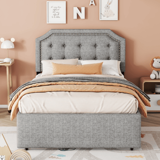 Cama estofada em tecido de linho com 2 gavetas - 90x200 cm - cabeceira decorada com rebites - Cinzento