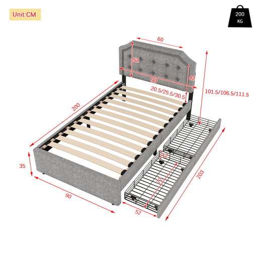 Cama estofada em tecido de linho com 2 gavetas - 90x200 cm - cabeceira decorada com rebites - Cinzento