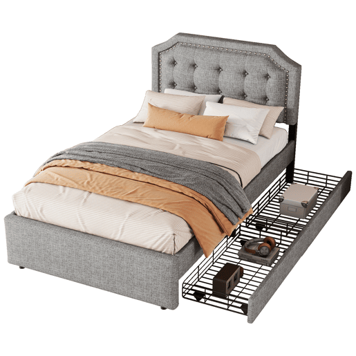 Cama estofada em tecido de linho com 2 gavetas - 90x200 cm - cabeceira decorada com rebites - Cinzento
