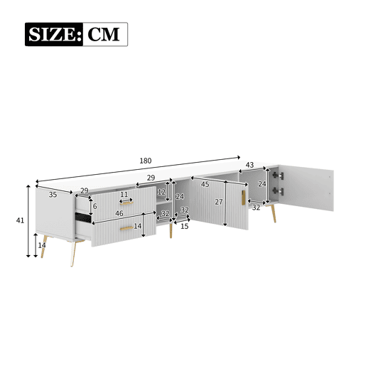 Móvel TV escandinavo contemporâneo de 180 cm para TV de 75u201D - 2 gavetas e 3 compartimentos - branco