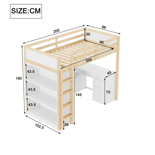 Cama mezzanine 90x200 cm - com móvel de arrumação e secretária - madeira maciça - Natural