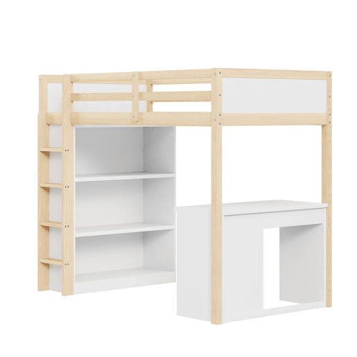 Cama mezzanine 90x200 cm - com móvel de arrumação e secretária - madeira maciça - Natural