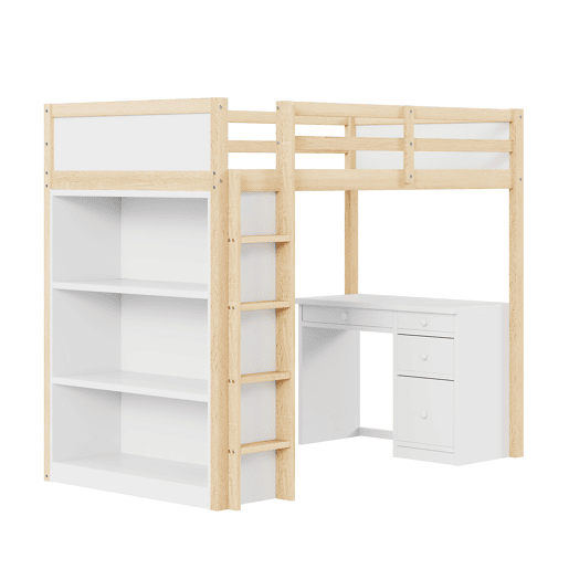 Cama mezzanine 90x200 cm - com móvel de arrumação e secretária - madeira maciça - Natural