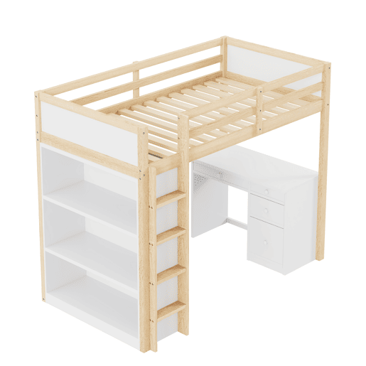 Cama mezzanine 90x200 cm - com móvel de arrumação e secretária - madeira maciça - Natural