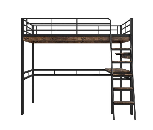 Cama entrepiso 90x200cm - con escritorio + estantes + barreras - negro