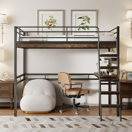 Cama mezzanine 90x200cm - com secretária + prateleiras + barreiras - Preto