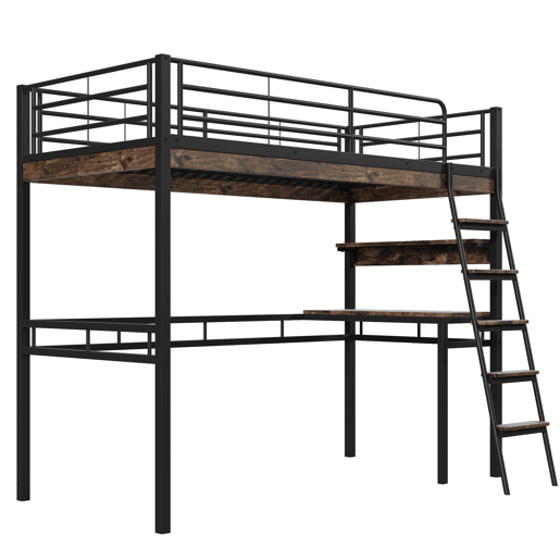 Cama mezzanine 90x200cm - com secretária + prateleiras + barreiras - Preto