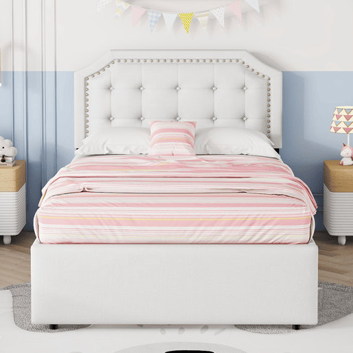 Cama estofada em tecido de linho com 2 gavetas - 90x200 cm - cabeceira decorada com rebites - Bege